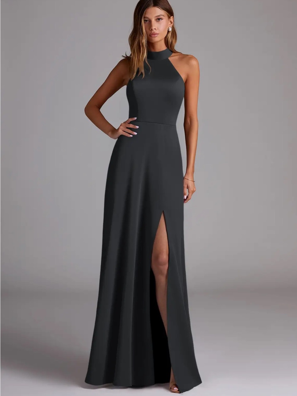 Azazie Black High-Neck Sleeveless Gown with Thigh Slit